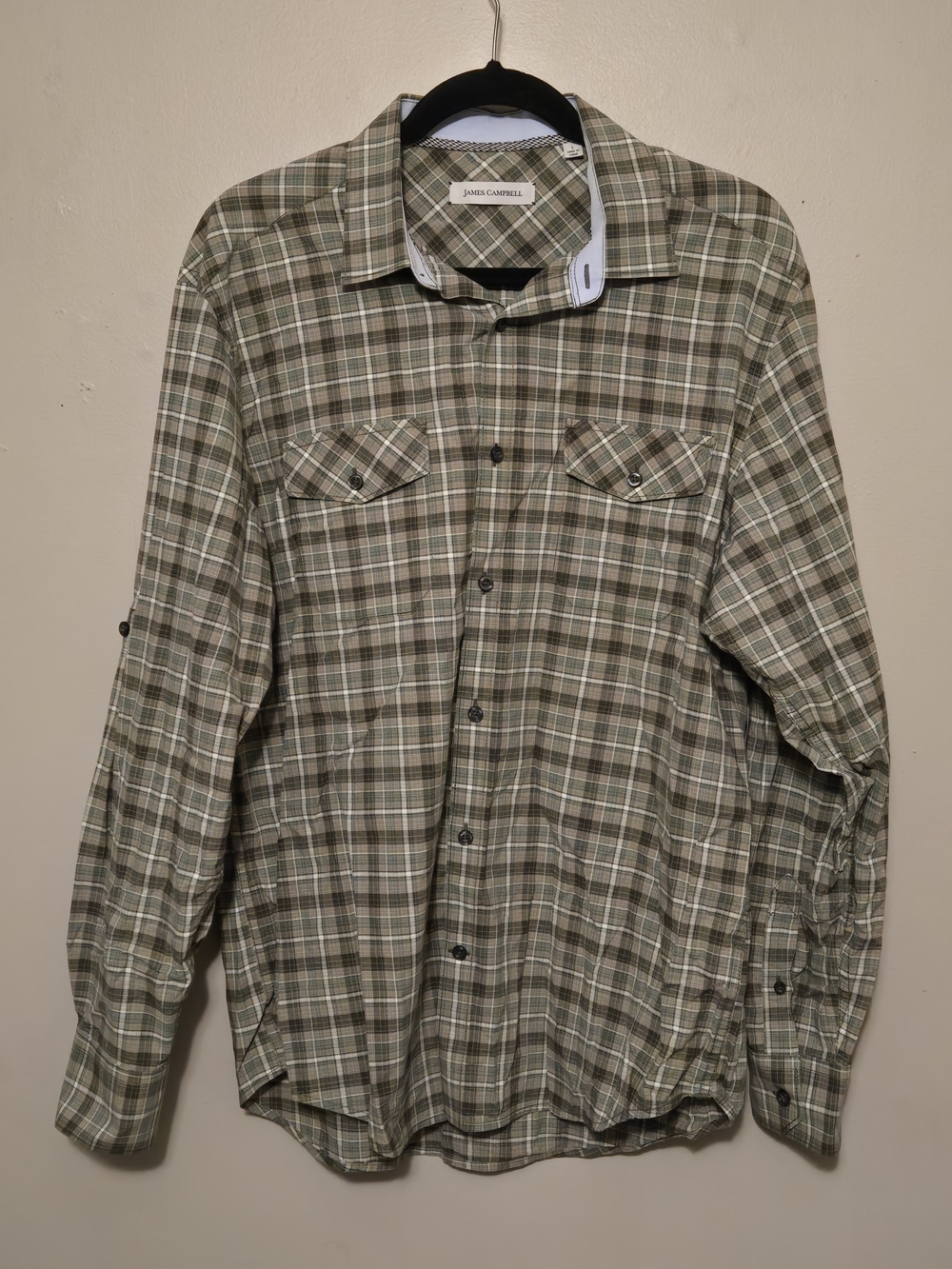 James Campbell Men's Green and Gray Plaid Button-Down Shirt